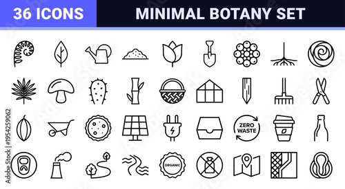 Ultra-Minimalist Monoline Nature and Ecology Icon Set for Sustainable Branding and Modern Environmentally Conscious User Interface Graphic Design.