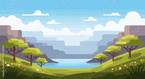Pixel Art Landscape: Serene Valley with River, Mountains, and Trees