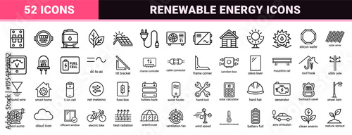 Solar Energy Technology and Photovoltaic Systems Ultra-Minimalist Monoline Icon Set for Sustainable Infrastructure and Renewable Power Design