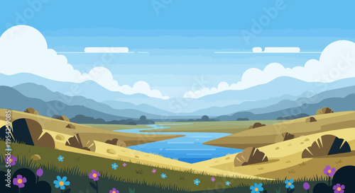 Pixel Art Landscape: Serene Valley with River, Mountains, and Wildflowers