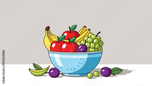 Fresh Fruit Bowl Illustration: Vibrant Cartoon of Apples, Bananas, Grapes, and Plums for Healthy Eating and Nutrition