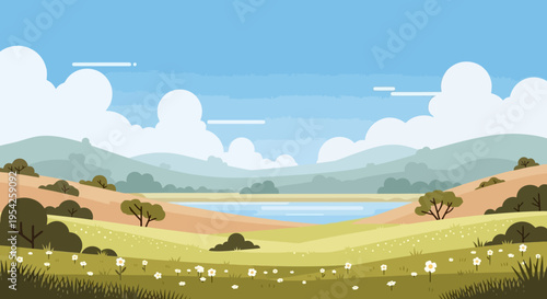 Pixel Art Landscape with Lake, Hills, and Wildflowers Under a Cloudy Sky
