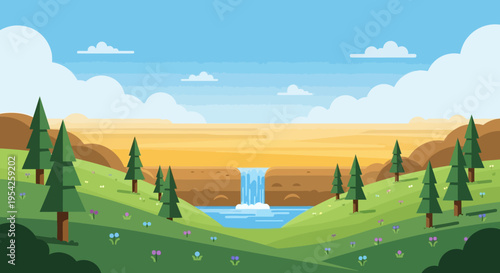 Pixel Art Landscape: Serene Waterfall Cascading into a Tranquil Lake Amidst Rolling Hills and Evergreen Trees