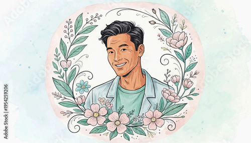 Vintage art illustration of a handsome young man with a flower in his hair featuring a retro fashion face and angelic beauty