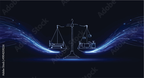 law and justice balance scale with neon lights