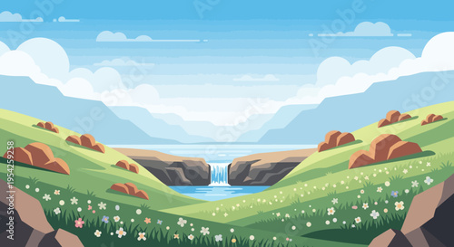 Pixel Art Landscape: Serene Waterfall, Rolling Hills, and Wildflowers Under a Blue Sky