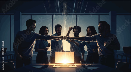 Diverse team celebrating success with fists together around laptop