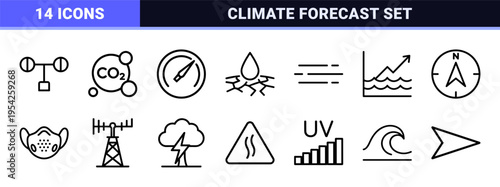 Meteorological Climate Data Minimalist Monoline Icon Set featuring Geometric Weather Forecast Symbols and Environmental Monitoring Graphics