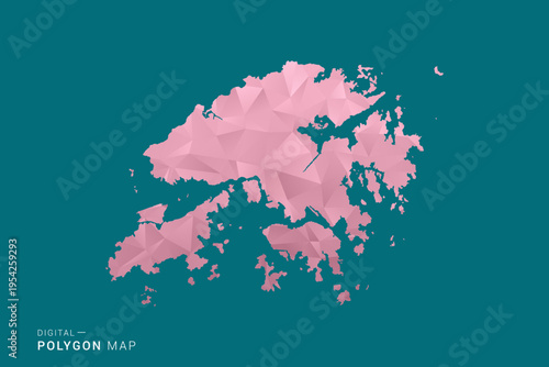 Hong Kong polygon map vector illustration in low poly geometric style, soft pastel colors with pink and teal green tones, clean silhouette on solid background, ideal for infographic.