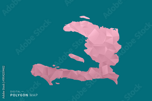 Haiti polygon map vector illustration in low poly geometric style, soft pastel colors with pink and teal green tones, clean silhouette on solid background, ideal for infographic.