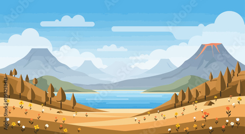 Pixel Art Landscape: Volcano, Lake, Mountains, and Flowers