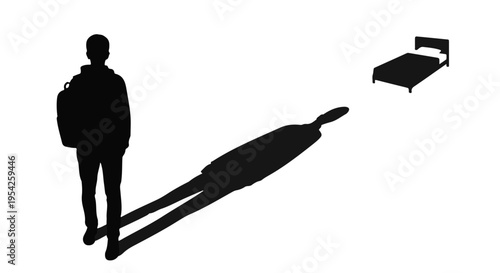 man standing with giant pen near bed