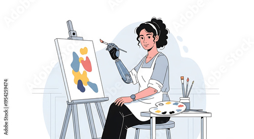 A woman wearing a prosthetic arm paints a vibrant abstract artwork on an easel in a modern studio