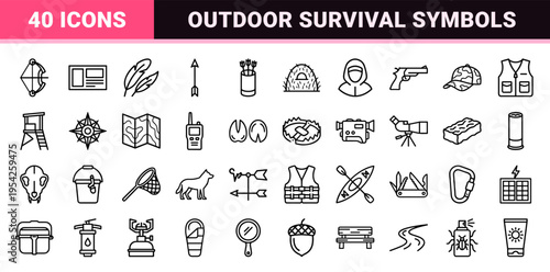 Wilderness Hunting and Outdoor Tracking Symbols: Ultra-Minimalist Geometric Line Art Icons for Professional Wildlife Expedition Branding