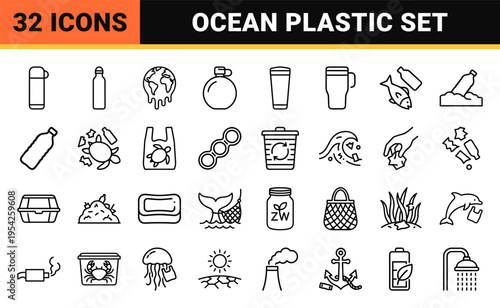 Ocean Plastic Pollution and Environmental Conservation Ultra-Minimalist Monoline Icon Set Representing Marine Life Protection and Ecology.
