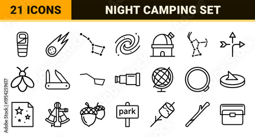 Stargazing and Night Wilderness Exploration Icons featuring Ultra-Minimalist Geometric Line Art for Commercial Outdoor Navigation Branding