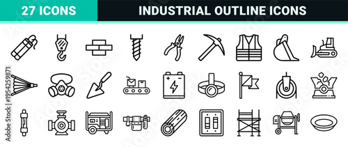 Heavy Industry and Mining Equipment Tool Outline Symbols featuring Ultra-Minimalist Geometric Line Art for Technical Database Indexing