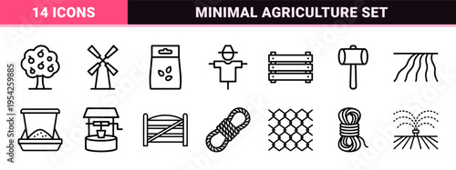 Agriculture and Organic Farming Ultra-Minimalist Monoline Geometric Line Art Symbols for Rural Industry and Sustainable Gardening Navigation