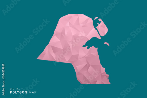 Kuwait polygon map vector illustration in low poly geometric style, soft pastel colors with pink and teal green tones, clean silhouette on solid background, ideal for infographic.