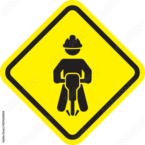 Construction worker with jackhammer warning sign