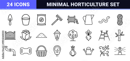 Ultra-minimalist Monoline Gardening Icons Featuring Geometric Line Art Symbols for Horticulture Landscape Design and Professional Botany Projects