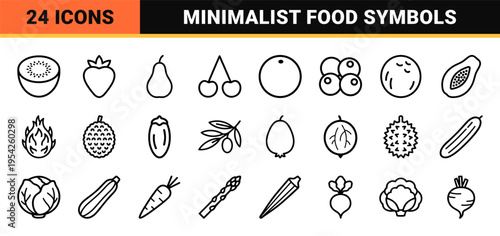 Ultra-Minimalist Monoline Fruit and Vegetable Outline Symbols for Organic Grocery and Healthy Lifestyle Digital Interfaces