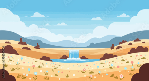 Pixel Art Landscape with Waterfall, Mountains, and Wildflowers
