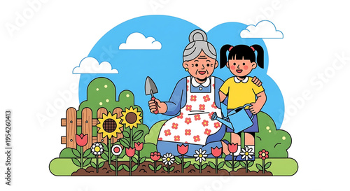 A heartwarming illustration of an elderly woman and a young girl gardening together in a vibrant flower garden