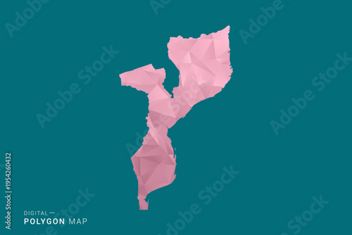 Mozambique polygon map vector illustration in low poly geometric style, soft pastel colors with pink and teal green tones, clean silhouette on solid background, ideal for infographic.