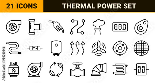 Thermodynamics and Heat Energy Geometric Outline Icon Set Featuring Ultra-Minimalist Monoline Symbols for Industrial Power and HVAC Systems.