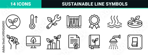 Ecological Sustainability and Renewable Energy Ultra-Minimalist Geometric Line Art Symbols for Modern Environmental Conservation Interfaces.