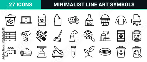 Waste Management and Environmental Recycling Line Art Symbols featuring Ultra-Minimalist Monoline Geometric Aesthetic for Urban Sanitation.
