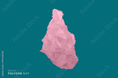 Montserrat polygon map vector illustration in low poly geometric style, soft pastel colors with pink and teal green tones, clean silhouette on solid background, ideal for infographic.