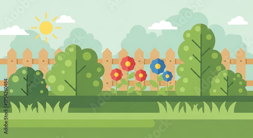 A vibrant cartoon illustration of a sunny garden with a wooden fence and colorful flowers