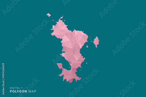 Mayotte polygon map vector illustration in low poly geometric style, soft pastel colors with pink and teal green tones, clean silhouette on solid background, ideal for infographic.
