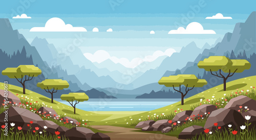 Pixel Art Landscape with Mountains, Lake, and Wildflowers