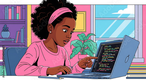 A young African American girl is coding on her laptop in a colorful room with a window and bookshelf.