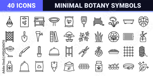 Indoor Gardening and Botany Ultra-Minimalist Monoline Icon Set featuring Geometric Line Art Symbols for Horticulture and Plant Care Services.