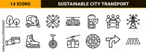Sustainable Urban Mobility and Eco Friendly Transportation Minimalist Monoline Vector Symbols for Smart City Infrastructure and Green Energy