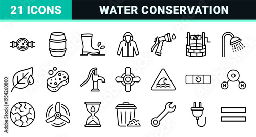Ecological Water Conservation and Environmental Utility Icons featuring Ultra-minimalist Monoline Geometric Symbols for Sustainable Systems