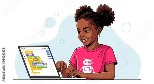 A young girl learning to code on her laptop with a robot design on her shirt