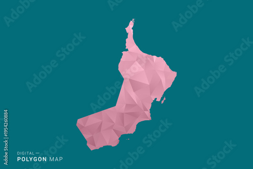 Oman polygon map vector illustration in low poly geometric style, soft pastel colors with pink and teal green tones, clean silhouette on solid background, ideal for infographic.