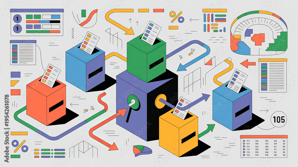 Fototapeta premium Digital Data Analysis: An abstract depiction of data-driven insights, showcasing various interconnected blocks and charts that visualize the flow of information and numerical analyses.