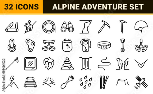 Outdoor Adventure and Mountain Climbing Icon Set Featuring Ultra-Minimalist Geometric Line Art for Alpine Expeditions and Hiking Waypoints