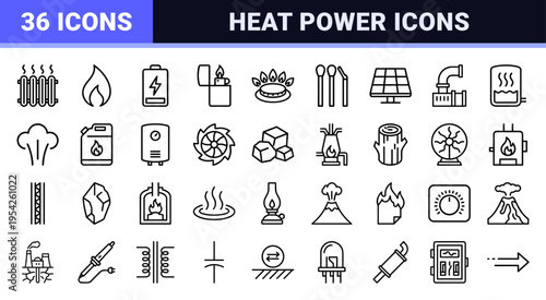 Thermodynamics and Heat Energy Icon Set Featuring Ultra-minimalist Monoline Symbols for Industrial Power and Combustion Systems