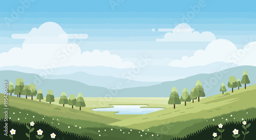 Pixel Art Landscape with Rolling Hills, Lake, and Trees Under a Cloudy Sky