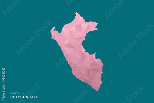 Peru polygon map vector illustration in low poly geometric style, soft pastel colors with pink and teal green tones, clean silhouette on solid background, ideal for infographic.