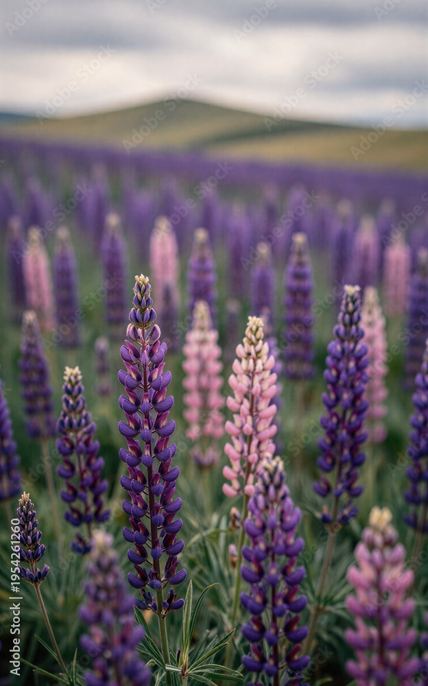 Obraz premium Purple lupines bloom in a vast field under cloudy skies.