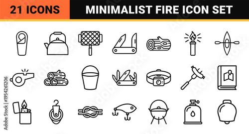 Outdoor Camping and Firewood Monoline Icon Set Featuring Ultra-Minimalist Geometric Line Art for Adventure Apps and Navigation Systems