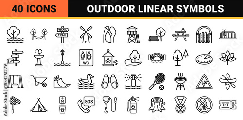 Outdoor Recreation and Public Park Infrastructure Minimalist Monoline Icon Set for Wayfinding Maps and Environmental Signage Design